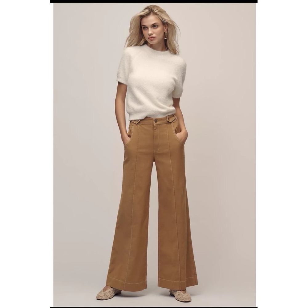 Maeve Anthropologie Linen Cotton Contrast Stitch High Rise Wide Leg Pants Tan 16
